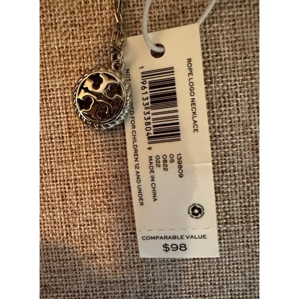 Tory Burch Miller Small Rope Logo Pendant Necklace Silver Tone Chain 18 inch.